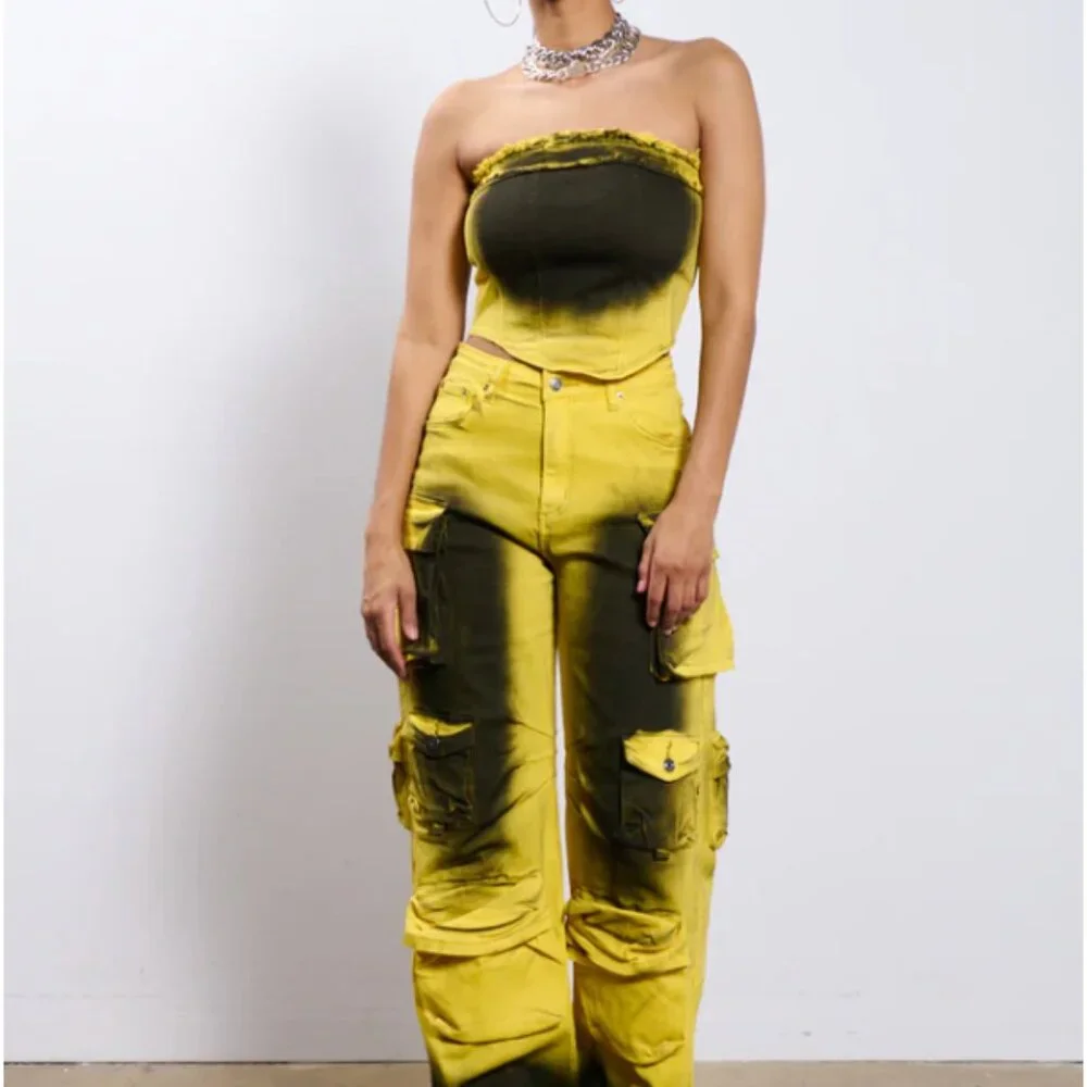 Callie Lives Miz The Spot AKIRA Yellow & Black Spraypainted  Corset Top S M L - Picture 8 of 8